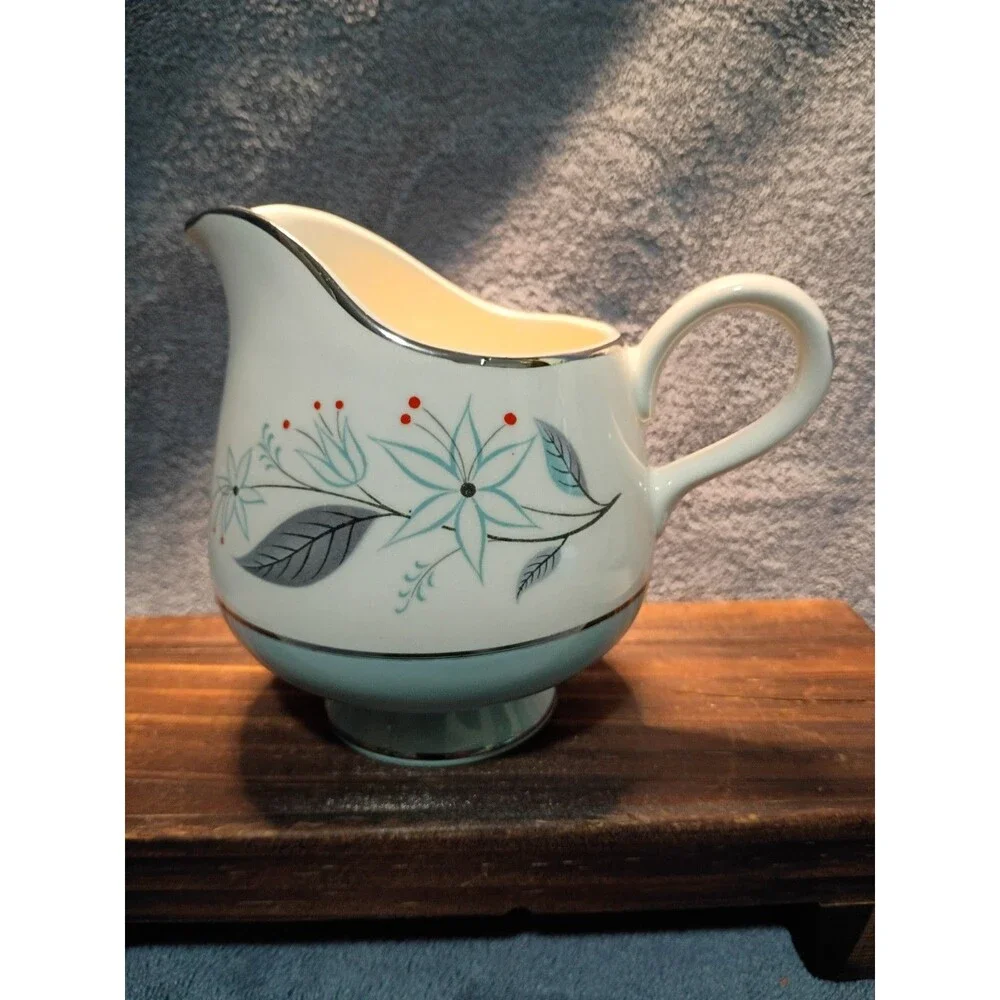 Vintage Homer Laughlin Eggshell Cavalier Dianne Creamer Aqua Gray Floral Silver